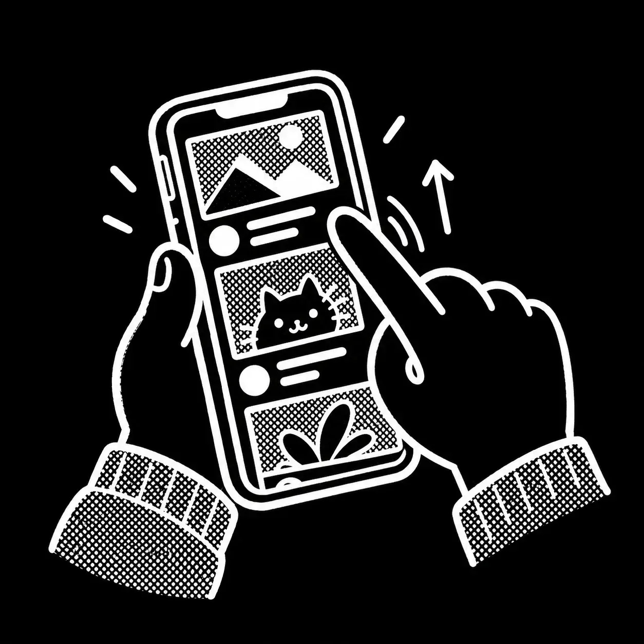 Illustration: Hände scrollen auf einem Smartphone